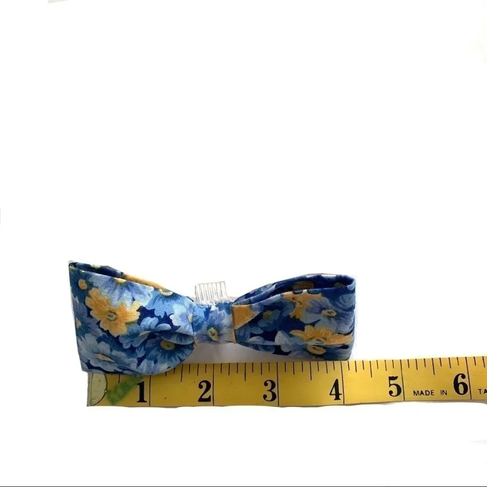Handmade Set of 3 Dog Bows for Collar Blue & Yellow Floral 4 x 2 inches
